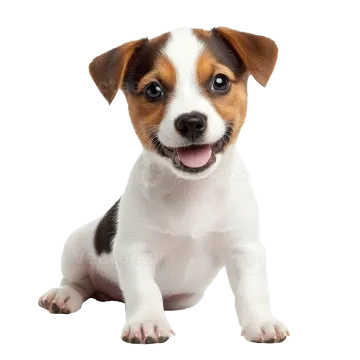 a small brown and white dog sitting down