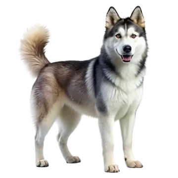 a husky dog standing in front of a white background