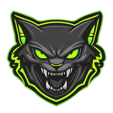 a black cat with green eyes and fangs