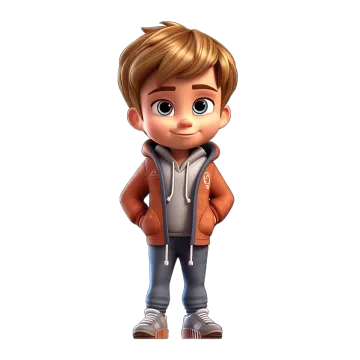 a young boy in a brown jacket and jeans, standing with his hands on his hips