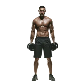 a man in black shorts holding two dumbs
