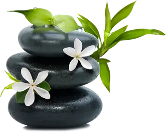 a pile of black stones with white flowers on top