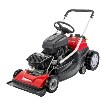 a red lawn mower on a white background