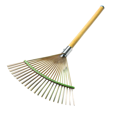 a green and yellow rake with wooden handle