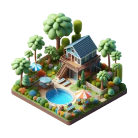a small house with a pool in the middle