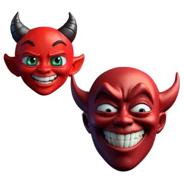 two red devil masks with green eyes and horns