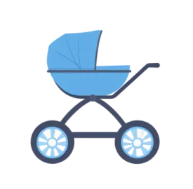 a baby stroller with blue wheels