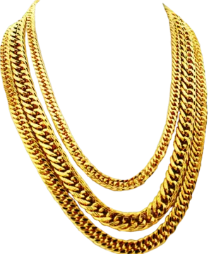 a gold necklace on a white background