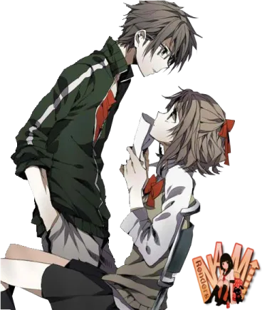 two anime characters, one is hugging and the other is kissing
