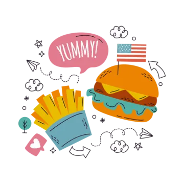 an illustration of a hamburger and french fries