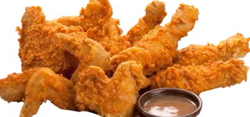 a plate of fried chicken with dipping