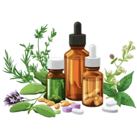 a bottle of essential oil surrounded by herbs