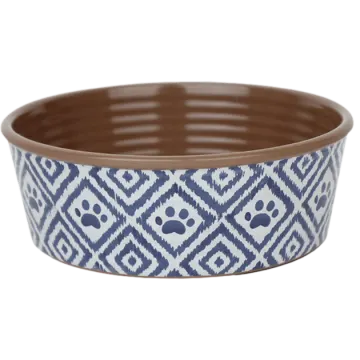 a blue and white patterned dog bowl