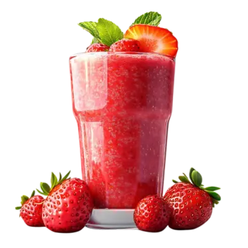 a glass of strawberry smoothie next to some strawberries