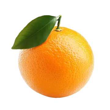 an orange with a leaf on it's stem