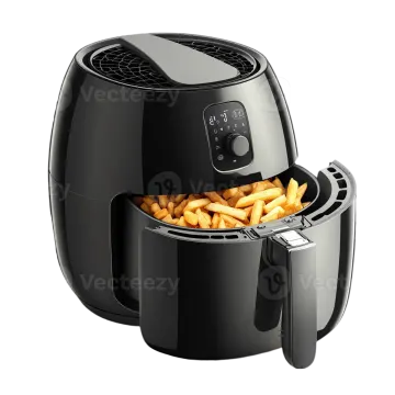 a black air fryer filled with french fries