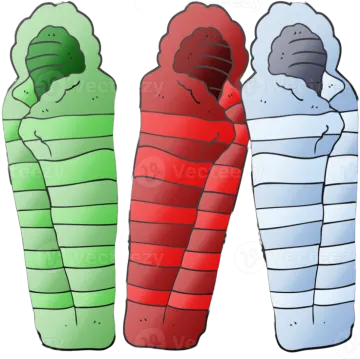 three different colored sleeping bags