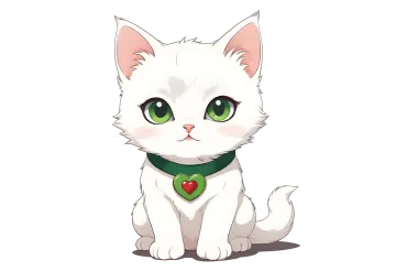 a white cat with green eyes sitting down