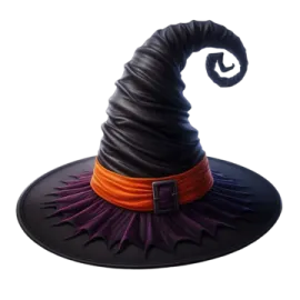 a black witch hat with orange and purple accents