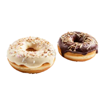 two donuts with chocolate frosting on a white background
