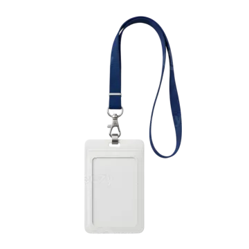 a white luggage tag with a blue lan strap