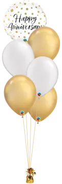 a bunch of white and gold balloons with the words happy anniversary