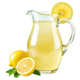 a pitcher of lemonade next to sliced lemons