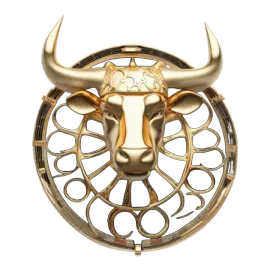 a gold bull head on a black and white background