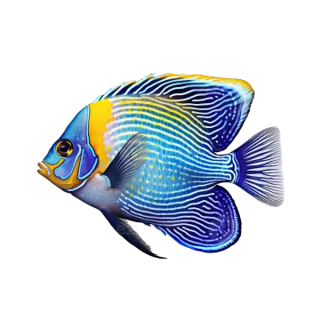 a blue and yellow fish on white background