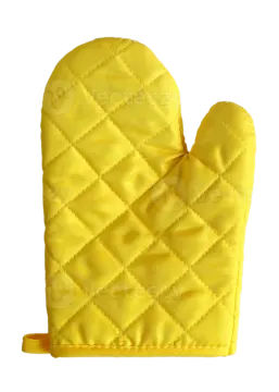a yellow oven mitt on a white background