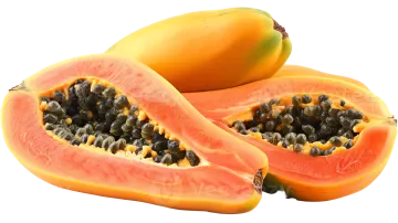 Two halves of a papa with seeds cut open