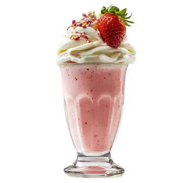 a glass filled with whipped cream and topped with strawberries