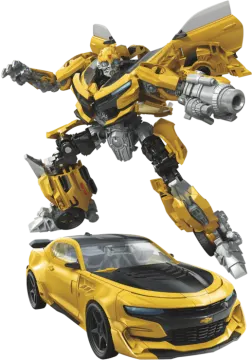 a yellow toy car next to a transformer