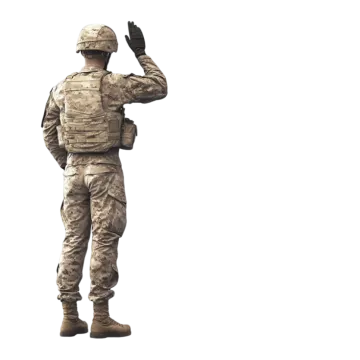 a soldier salutes in front of a white background