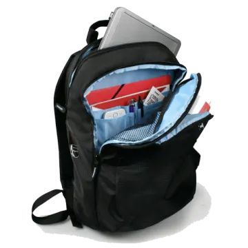 a black backpack with a laptop in it