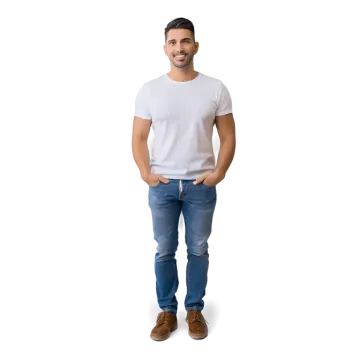 a man wearing a white t - shirt and jeans