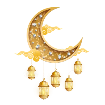 a golden crescent with lanterns hanging from it
