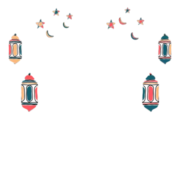 three hanging lanterns with stars and crescents on them