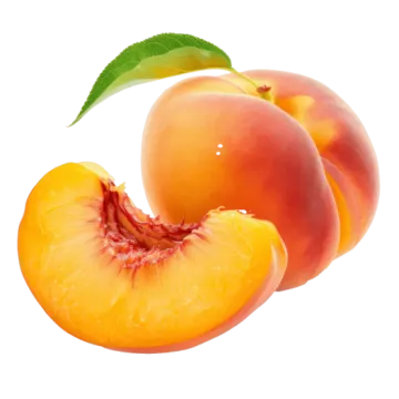 two peaches with a green leaf on top