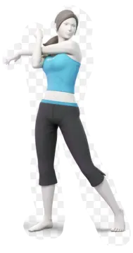 a woman in a blue tank top and black capris