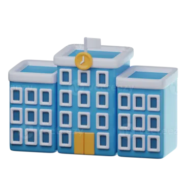 a blue and white building with a gold key