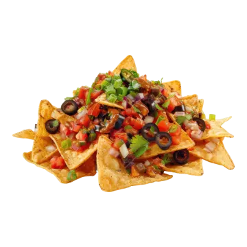 a pile of torta chips with black beans, tomatoes and onions