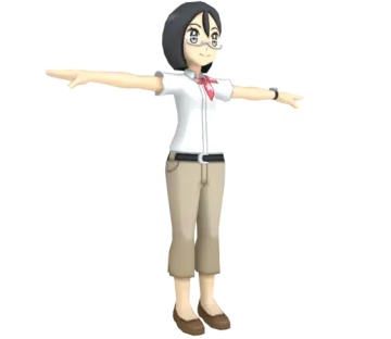 a woman in a white shirt and brown pants