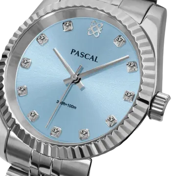 a silver watch with blue dial and diamonds
