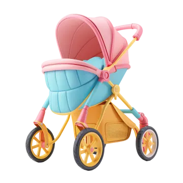 a pink and blue stroller with yellow wheels