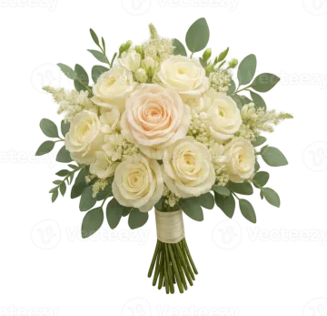 a bouquet of white roses and green leaves