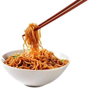 a bowl of noodles with chops in it