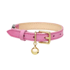 a pink leather dog collar with a gold bell charm