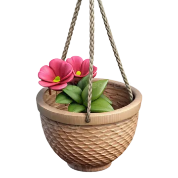 a wooden hanging planter with pink flowers in it