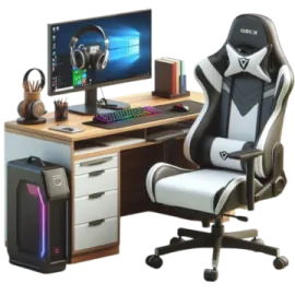 a computer desk with a chair and monitor